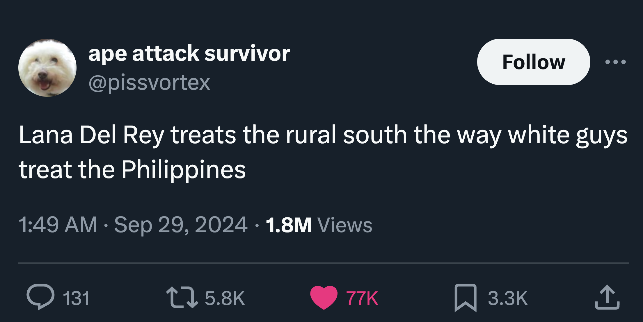 screenshot - ape attack survivor Lana Del Rey treats the rural south the way white guys treat the Philippines 1.8M Views 131 1 77K